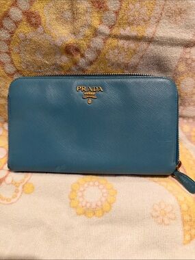 Prada Saffiano Long Wallet Teal Blue EUC